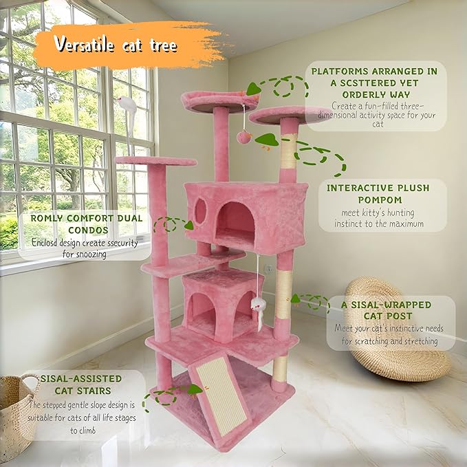 Cat Tree Tower for Indoor Cats,Cat House with Sisal Scratching Post,Multi-Level Cat Condo and 3 Large Platforms (Pink)