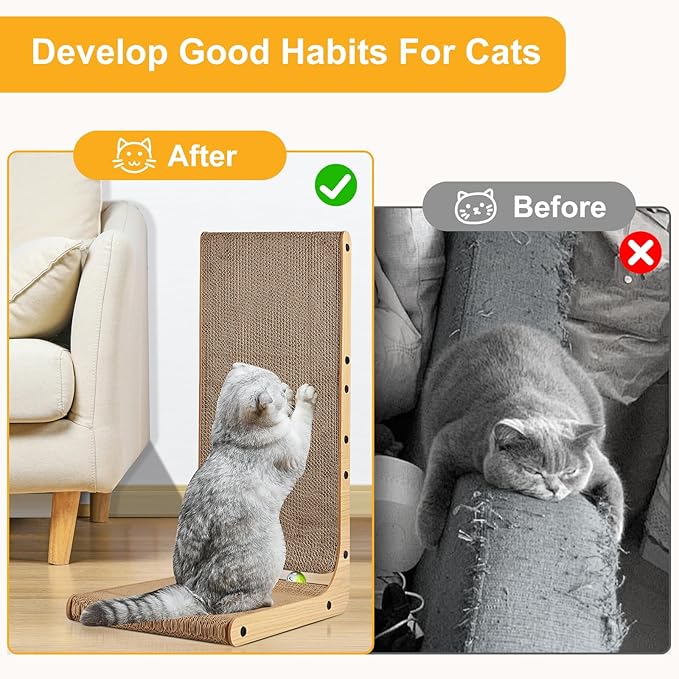 Cat Scratcher L Shape Large, 26.8 inch Cat Scratching Pad for Indoor Cats, Cardboard Cat Scratch Pad with Ball Toy