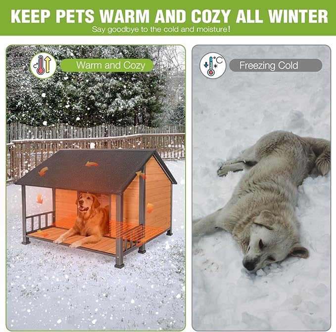 GUTINNEEN Extra Large Heated Dog House Outdoor Insulated Dog House XXL Weatherproof Chew-Proof Metal Frame Dog Kennel with Thermostat-Controlled Heating Pad, 6-Sided Thermal Liner for Large Dog Breeds