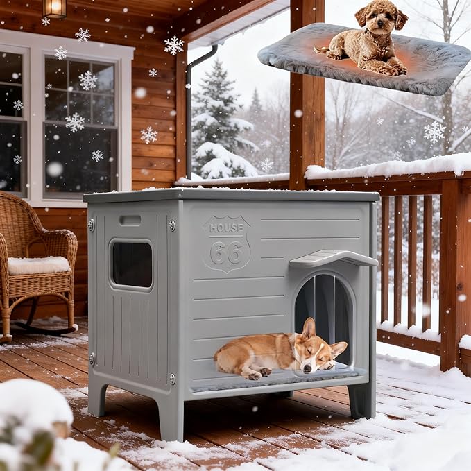 Insulated Outdoor Indoor Dog House with Mat Plastic Weatherproof Elevated Dog Shelter, Easy Assemble, Expansive Interior‌ Grey 38.3" D * 26.5" W * 32.4" H