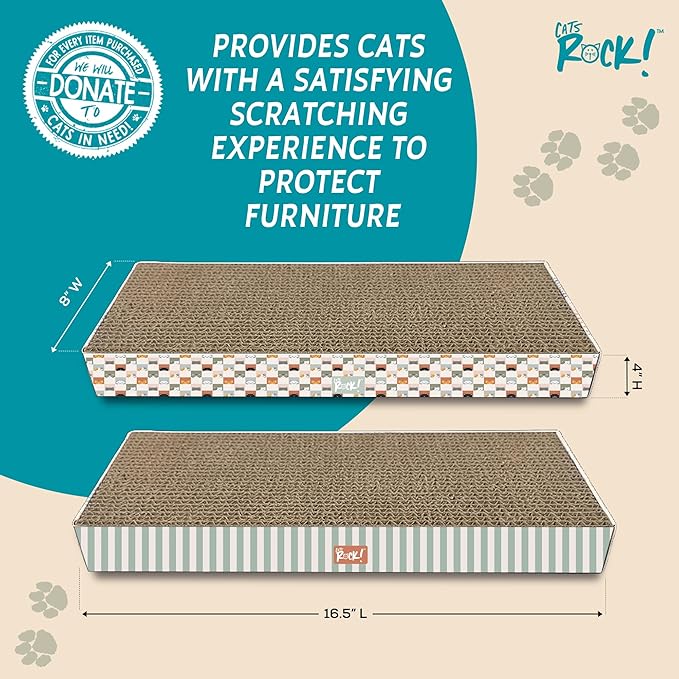 Cats Rock Scratching Board for Indoor Cats, Corrugated Cardboard Cat Scratcher with Catnip, Double-Sided Scratch Pad, Rectangle Scratcher Icon and Squares Design (Pack of 2)