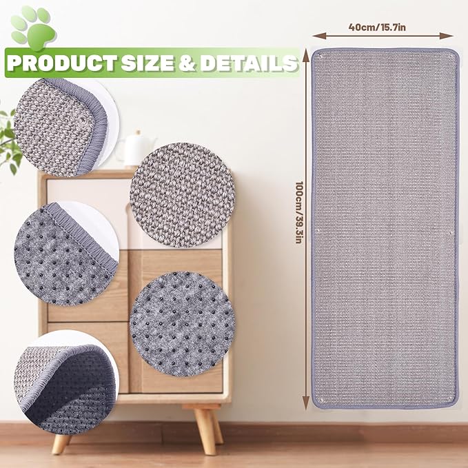 Natural Sisal Cat Scratching Mats 1 Pack,Cat Scratch Furniture Protector,Wall Mounted Wall Climbing Carpet, Horizontal Cat Scratcher Rugs Carpets Mats for Wall Couch Protection, 39.3" Lx15.7 W，Grey