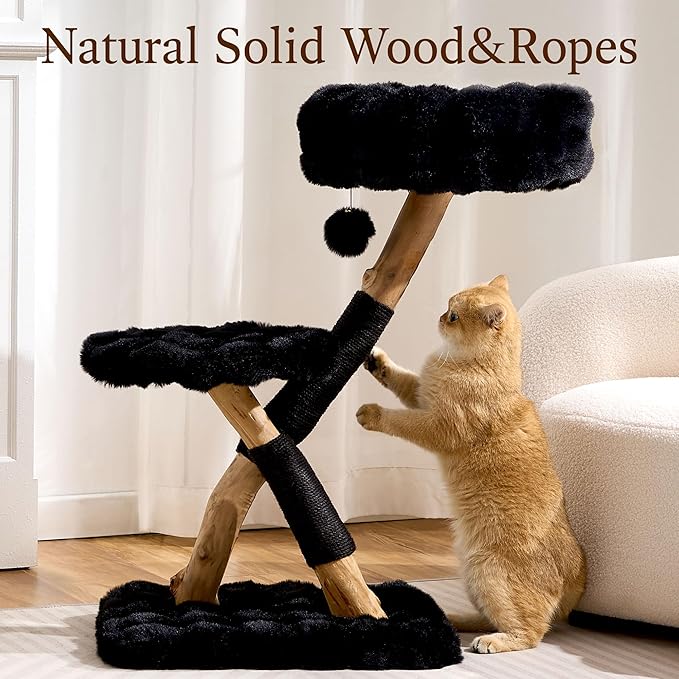 HITTITE Natural Solid Wood Cat Tree Tower with Scratching Post, 32 Inches Tall Modern Cat Tower with Cozy Bed and Platforms, Luxury Real Branch Cat Tree for Indoor Cats Large Adult, Black.