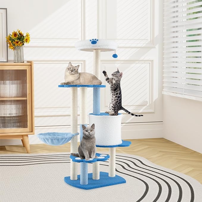 Tangkula Cat Tree Tower, 54 Inch Tall Cat Tree with Cat Condo, Hammock, Dangling Ball, Plush Fabric Top Perch, Cute Cat Tower with Sisal Scratching Post for Indoor Cats Large Adult