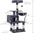 Heybly Cat Tree with Toy, Cat Tower Condo for Indoor Cats, Cat House with Padded Plush Perch, Cozy Hammock and Sisal Scratching Posts, Smoky Gray HCT004G
