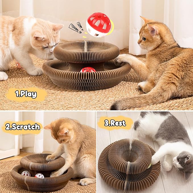Magic Organ Cat Scratching Board, Foldable Accordion Interactive Cat Toy with Bell Ball, Durable Cardboard Scratch Pad for Cat Grinding Claw & Indoor Play