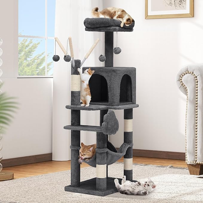 DWVO 44in Cat Tree for Indoor Kittens: Cat Tower Multi-Level with Scratch Posts, Window Padded Plush Perch, Hammock, and Interactive Pompoms Dark Gray