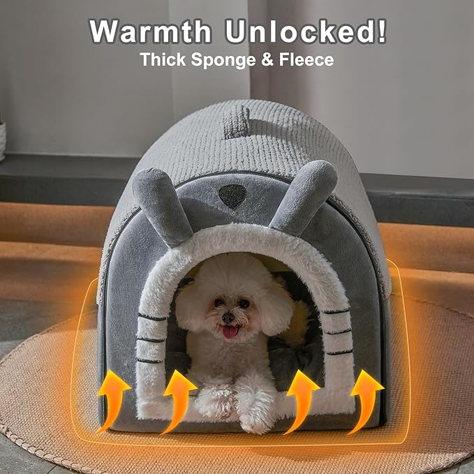 Jiupety Cute Small Dog Cave Bed with Door Curtain Design, Dog House with Reversible Washable Cushion, L Size Portable Puppy House for 14-22lb Cats and 12-17 lb Dogs, Non-Slip Bottom, Grey