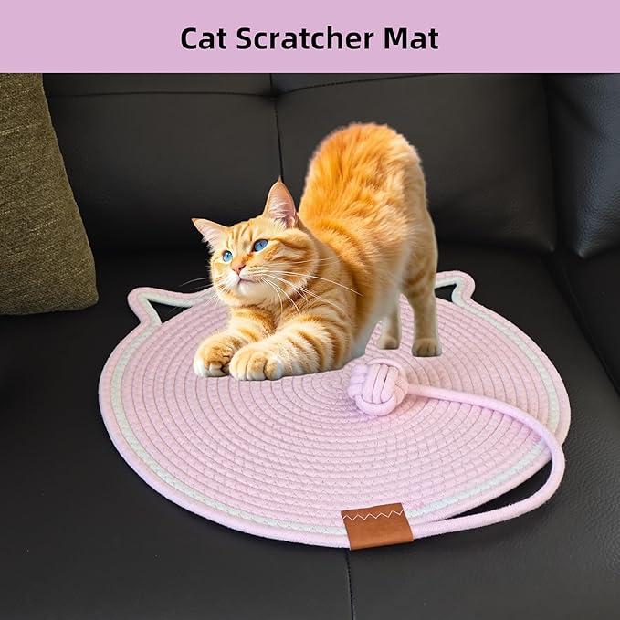 Cat Scratcher Mat, Natural Cotton Rope Cat Scratching Pad, 16.9'' Round Cat Wall & Floor Scratch Pad, Durable Double - Sided Cat Scratcher, Furniture Protector for Wall, Sofa, Couch, Carpet, Pink