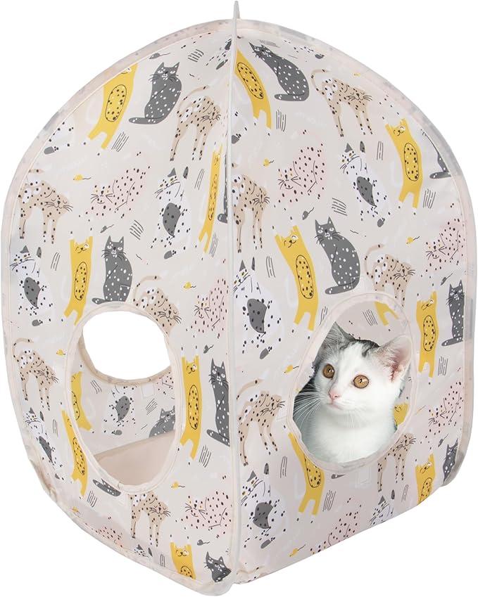 Kitty City Cat Print Pop-Up Cat Play House, Collapsible Indoor Cat Hideout with Peekaboo Openings, Lightweight Foldable Cat Cube for Play & Lounging, Pink