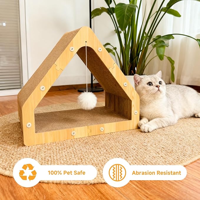 Cat Scratcher House with Hanging Ball - Cozy Corrugated Cardboard Cat Scratching Pad for Indoor Cats/Kittens, Stable Structure & Eco-Friendly