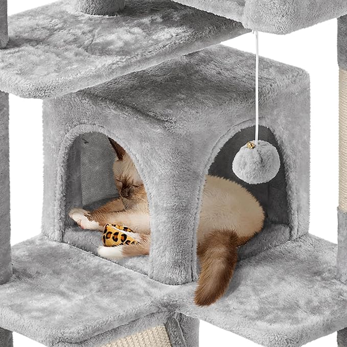 Yaheetech 57in Multi-Level Cat Tree for Large Cats, Luxurious Cat Activity Center with 2 Condos, 3 Jump Perches and Scratching Posts for Indoor Cats and Kittens, Light Gray
