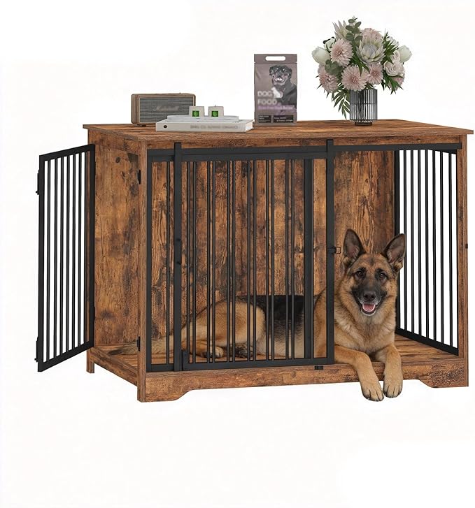 43.3" Dog Crate Furniture with Barn Door, Heavy Duty Dog Kennel Indoor with 2 Doors, Wooden Pet Cage End Table for Large Small Medium Dogs, Anti-Chew Anti-Escape, Rustic Brown DFC92301B