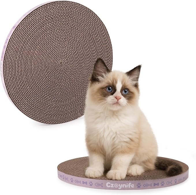 10 Inch Round Cat Scratcher Pad - 3/5 Inch Thick Compressed Cardboard Refill for Indoor Cats, Standalone Scratching Board to Protect Home Furniture & Satisfy Feline Scratching Instinct (2 PCS)
