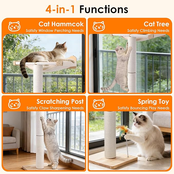 Keaber Cat Window Perch with Scratching Post, 44" Tall Adjustable Sisal Cat Tree for Large Cats Up to 33lbs, Suction Cup Wooden Hammock for Climbing,Bird Watching,Sleeping, Beige,with Washable Cushion