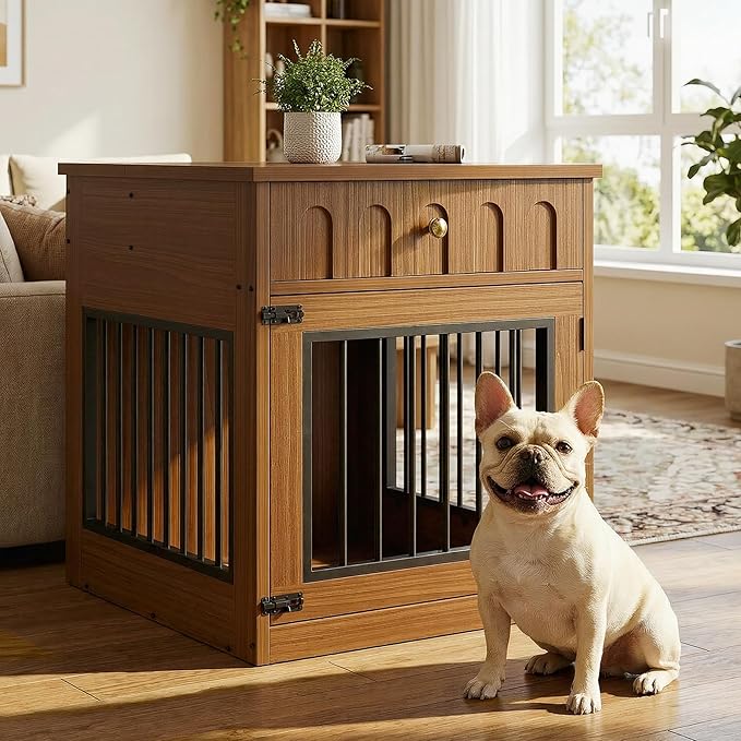 IRONCK Dog Crate Furniture, Wooden Dog Crate with Drawer and Flip-Top Storage, Indoor Dog House End Table for Small Breeds, for Living Room, Bedroom, Walnut