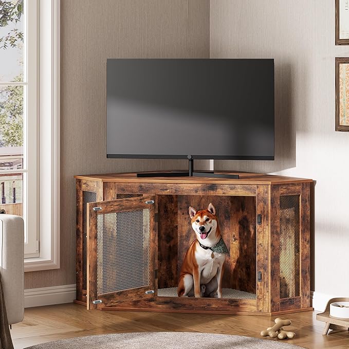 Corner Dog Crate Furniture, Wooden Dog Kennel End Table, Decorative Pet Crate Indoor Use, Furniture Style Dog House for Small Medium Dog, Dog Cage TV Stand, Rustic Brown DCRB0801