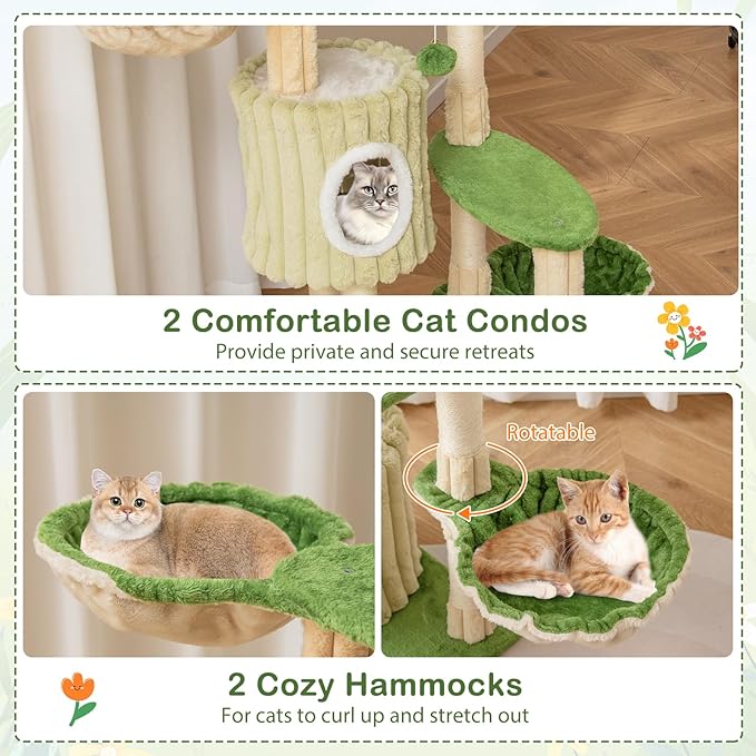 PETSITE 63 inch Tall Cat Tree, Multi-Level Aesthetic Stripped Cat Tower with Sisal Scratching Posts, 2 Condos, 2 Side Baskets, and 2 Dangling Balls, Indoor Green Cat Tree Tower for Indoor Cats