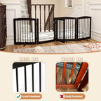 Freestanding Dog Gate with Door, Pet Gate for Stairs, 80 inch Wide Pet Barrier Indoor, Dog Fences Indoor, Support Feet Included, 4 Panels, 24" Tall, Dark Brown