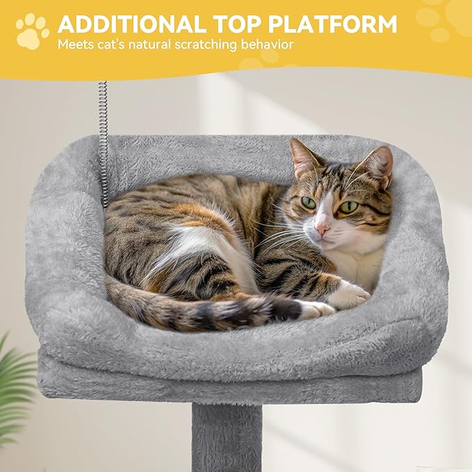 DWVO 64.5" Tall Cat Tree, Multi-Tier Cat Condo with Hammock, Scratching Posts & Play Balls for 2-3 Cats (Light Gray)