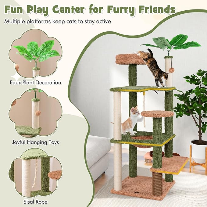 PETSITE 60 inch Cactus Cat Tree Tower, Multi-Level Cat Tower with Sisal Scratching Posts, Sisal Rope, Hanging Ball, Self Groomer and Decorative Faux Plant, Cute Cat Tree for Indoor Cats