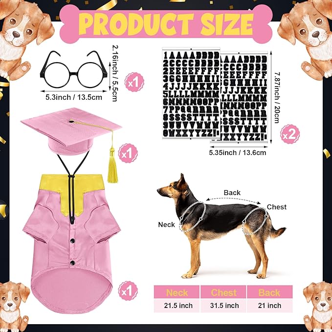 5 Pcs Dog Graduation Costume Set Include 2026 Pet Graduation Gown with Stole Puppy Grad Cap Lensless Glasses DIY Letter Stickers for Dogs Cats Holiday Costume Accessory(Pink Yellow,XL)