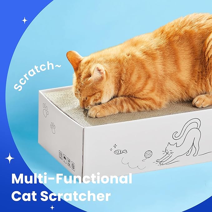 5-Pack Double-Sided Cat Scratchers with Box & Fish Toy - Reversible Cat Scratch Pad for Indoor Cats, Durable Corrugated Cardboard Cat Scratcher for Cats to Rest and Play, Furniture Protector