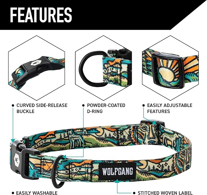 Wolfgang Heavy Duty, Adjustable Dog Collar with Quick Release Nylon Buckle for Walking & Training, WildWolf Print, Large