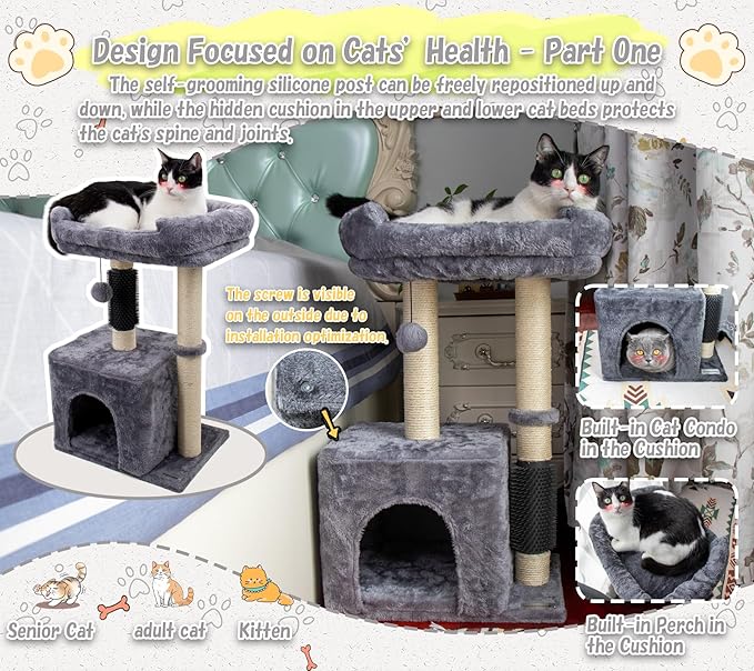 26.8" Small Cat Tree Tower,Cat Scratching Post for Indoor Cats,Featuring with Cat Cave & Cozy Perch,Cat Self Groomer and Interactive Dangling Ball Great for Kittens/Cats (Beige, Medium)