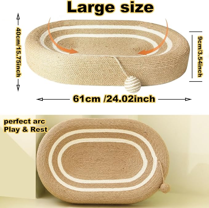 Oval Cat Scratching Board & Mat - Cat Scratching Post 24 Inch Made of Durable Sisal Rope, 3-in-1 Scratching Bed for Indoor Cats to Play, Rest & Scratch (24-inch Brown)