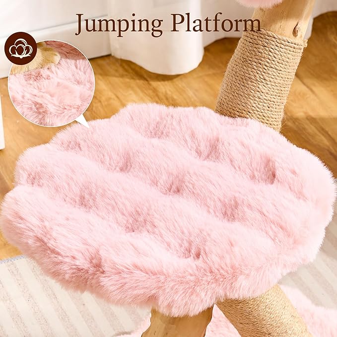 HITTITE Natural Solid Wood Cat Tree Tower with Scratching Post, 32 Inches Tall Modern Cat Tower with Cozy Bed and Platforms, Luxury Real Branch Cat Tree for Indoor Cats Large Adult, Pink.