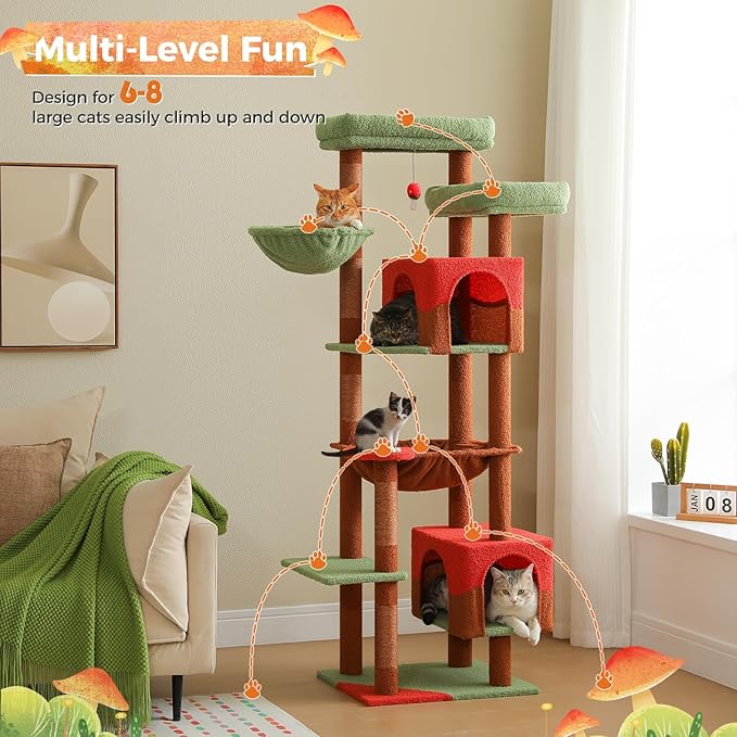 PETEPELA 69" Mushroom Cat Tree for Indoor Large Cats, Tall Cat Tower for Adult Cats with Big Hammock, Cat Climbing Tree Tower with Scratching Posts, Condo House and Large Top Perch, Brown