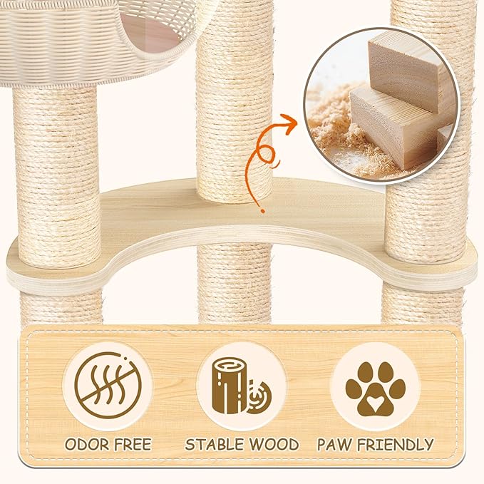 Tinnmao 53'' Solid Wood Cat Tree for Large Cats, Natural Sisal Scratching Post, Hand Woven Rattan Basket, High-end Luxury Design with Washable Plush Pad, Easy to Clean