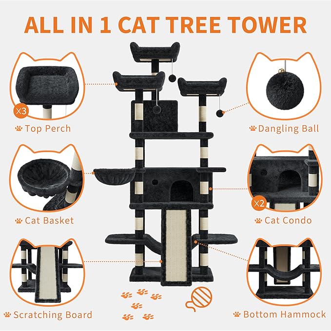 68.5 in Multi-Level Cat Tree for Indoor Cats Large Adult Heavy Duty Cat Tower for Large Cats with 2 Condos/Plush Perches/Sisal Scratching Posts/Hammocks/Basket/Dangling Balls, #2601 Dark-Grey