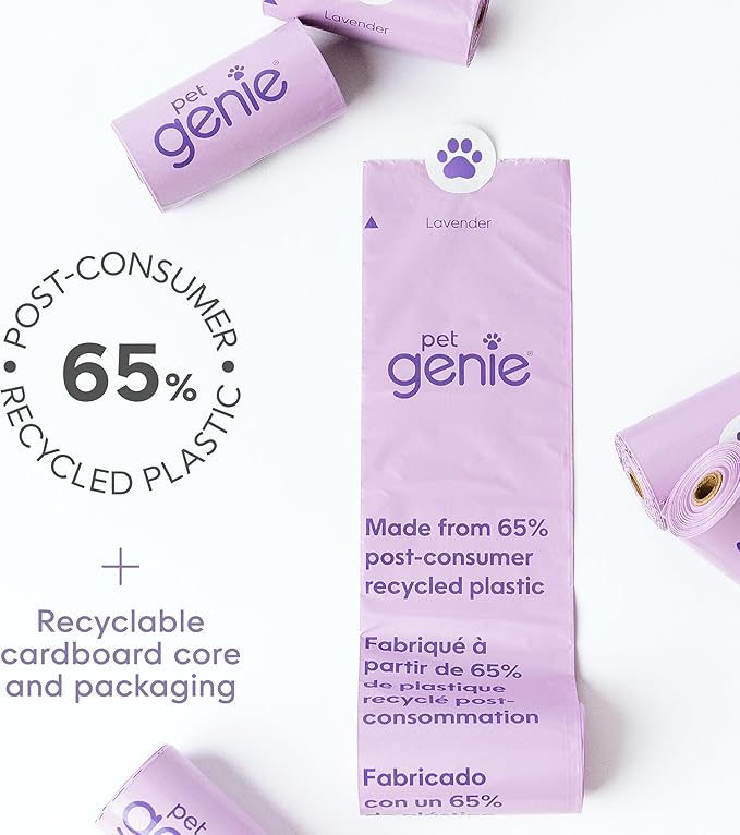 Pet Genie, Dog Poop Bags Rolls Scented, Extra Strong & Leak-Proof for Dogs, Lavender Scented, Easy Tear Pet Waste Bags, Made from 65% Recycled Plastic, 16 Rolls (240 Count)