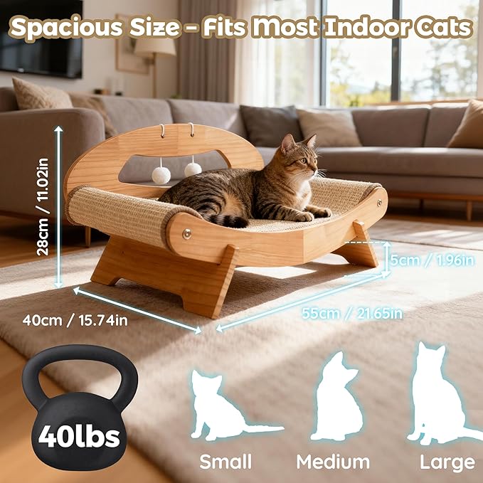 3-in-1 Large Sisal Cat Scratch Bed, Thicker Natural Sisal 22” Elevated Wooden Frame Hammock Lounge for Indoor Cats Sleep, Scratch & Play