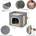 Cat Houses for Indoor Cat, Large 2-Sided Reversible Cushion Cat Condo with Safety Strap, Foldable Cat Hideway with Sisal Scratch Pad, All Seasons Pet Bed for Multi Cats,Light Grey