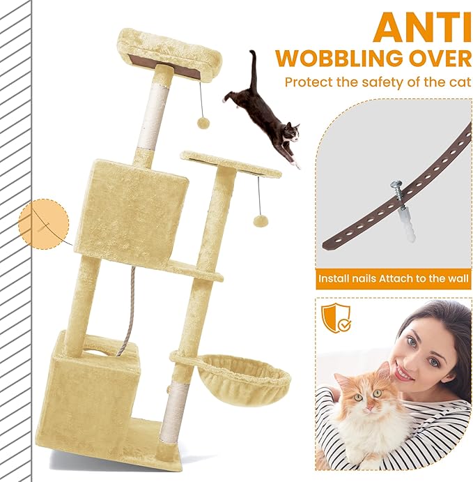 Cat Tree, 54-Inch Cat Tower for Indoor Cats,Plush Multi-Level Cat Condo with Scratching Posts, Basket, Perches,2 Caves,2 Pompoms(Beige)