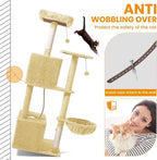 Cat Tree, 54-Inch Cat Tower for Indoor Cats,Plush Multi-Level Cat Condo with Scratching Posts, Basket, Perches,2 Caves,2 Pompoms(Beige)