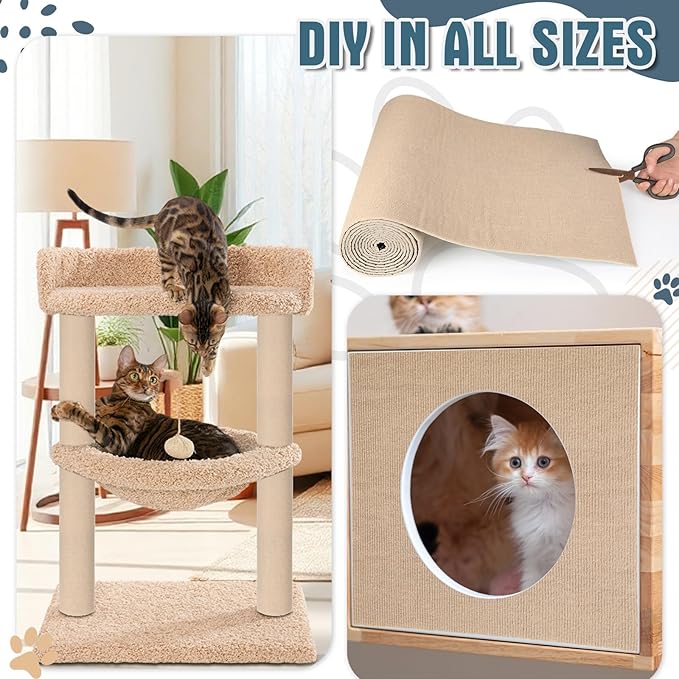 Abbylike 2 Pcs Cat Scratch Furniture Protector 118 x 15.8 in Trimmable Self-Adhesive Couch Protector Cat Scratcher Mat DIY Anti Scratch Pad Covering Climb Mat for Towers Replacement Pad(Khaki)