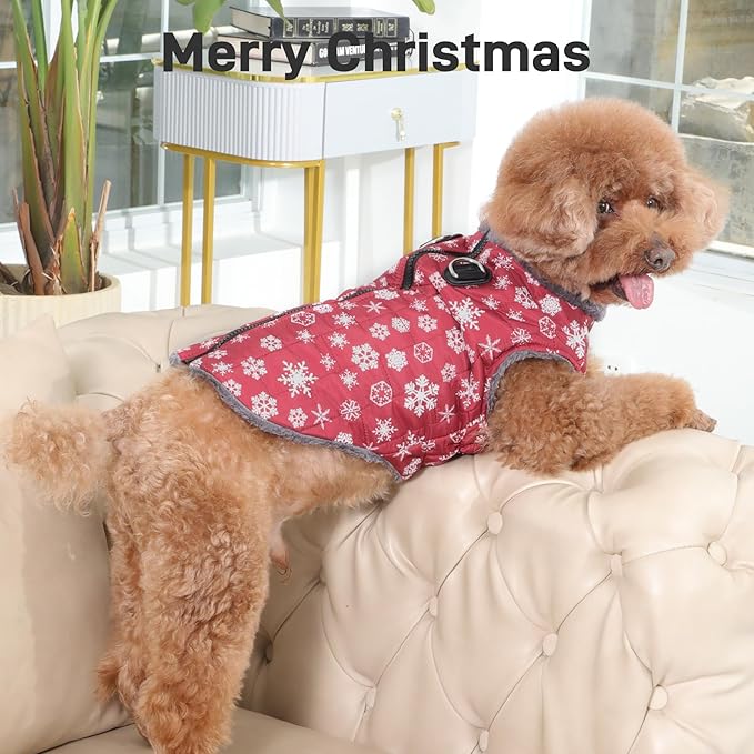 Warm Fleece Dog Coats with Durable Harness Buitl in D-Ring,Waterproof Doggie Jacket for Large Dogs,Dog Vest for Cold Winter,Red,Snow Pattern XXL