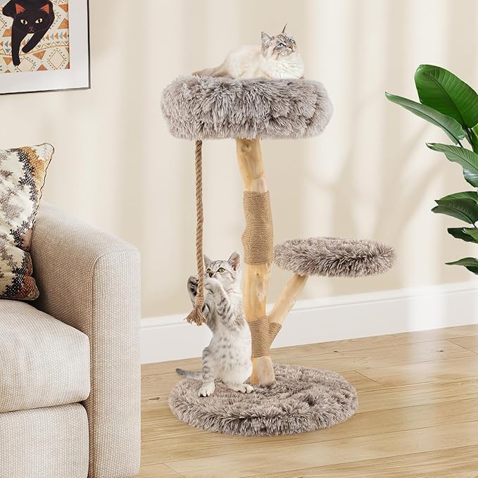 PETSITE 35.5-inch Wood Cat Tree, Multi-Level Real Pear Wood Modern Cat Tower with Jute Scratching Posts, Jute Rope, Cozy Top Perch, Jumping Platform, Soft Long Plush Covered