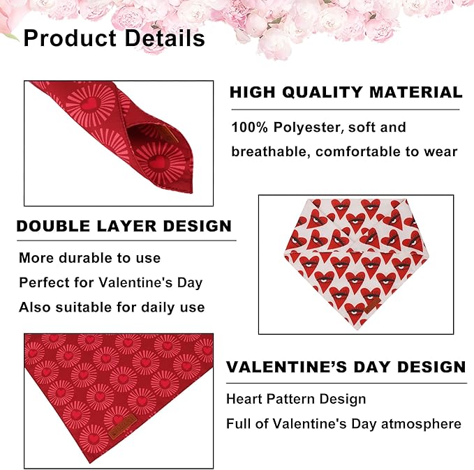 ADOGGYGO Valentines Dog Bandana 2 Pack, Heart Sunburst Eyelash Print Pet Scarf, Durable Fabric, Red Pink Valentine Bandanas for Medium Large Dogs (Large)