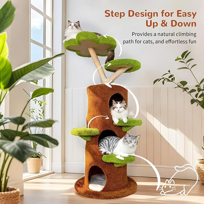 Modern Cat Tree Tower: 58Inch Tall Cat Tree for Large Cats with Multi Condos - Indoor Wood Cat Tree House Sturdy with Scratching Post