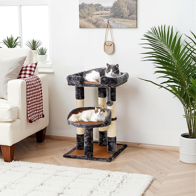 Multi-Level Cat Tree for Indoor Cats, Modern Cat Tower with Double Beds & Scratching Posts, 27 in Cute Cat Tree for Large Cats and Kitten, Small Cat Climbing Tower with Hanging Toys, Grey