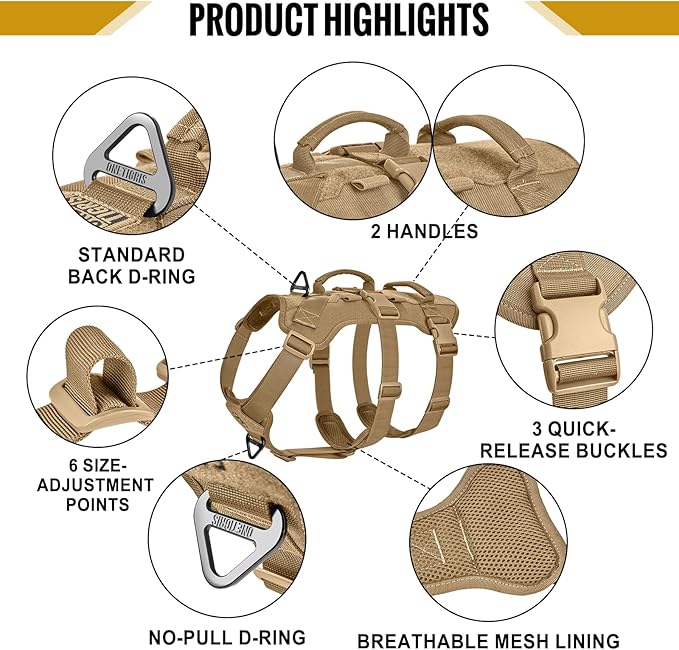 OneTigris Escape Proof Dog Harness, No Pull Dog Harness with Handles, Tactical Multi-Use Support Dogs Harnes for Large Dogs Everyday Wear Walking Hiking Training (Brown, Medium)