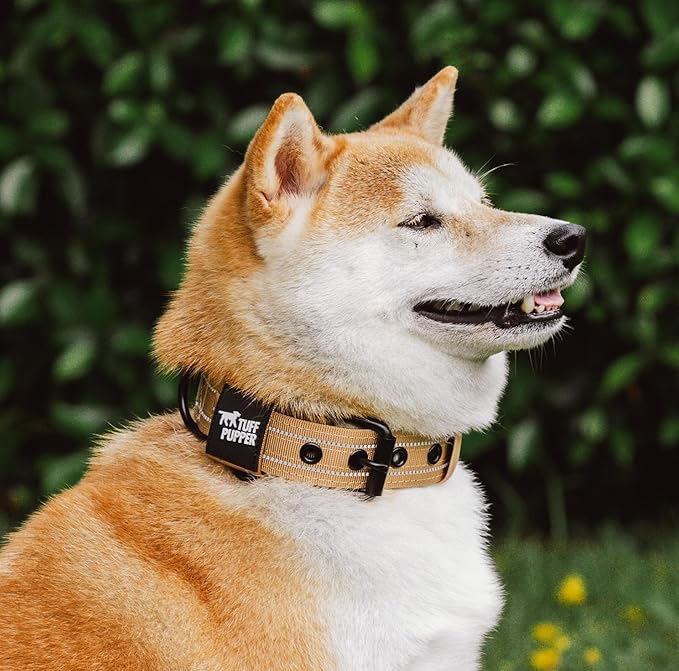 Tuff Pupper Heavy Duty Tactical Dog Collar | 1.5" Wide Ballistic Nylon | Reflective Stitching | Integrated ID Tag Holder | Stainless Steel Buckle | Padded Lining | Medium & Large Dogs (Tan, Medium)