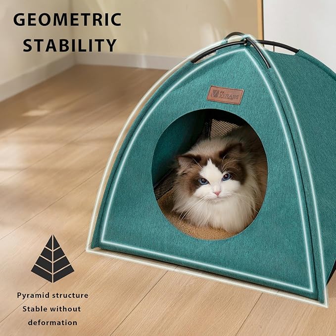 Pop-up Cat Tent Indoor Outdoor,Waterproof Cat House with Removable Cushion for All Seasons, Portable Pyramid Cat Cave Bed for Cats & Small Dogs, No Assembly Folding Pet Tent,Green