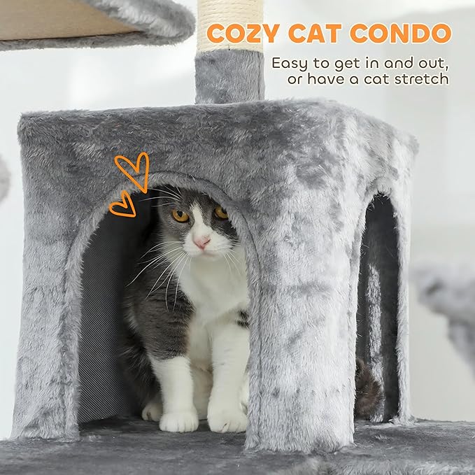 68" Tall Cat Tree Multi-Level Cat Tower for Indoor Cats with Cat Condo, Hanging Basket, Sisal Scratching Posts, Plush Balls and Hammock for Small Large Cats (Dark Gray)