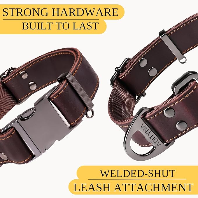 ADITYNA Leather Dog Collar with Metal Buckle - Heavy-Duty, Adjustable for Medium & Large Dogs - Walking, Training, Hiking (Brown, Fits 15-21" Necks)